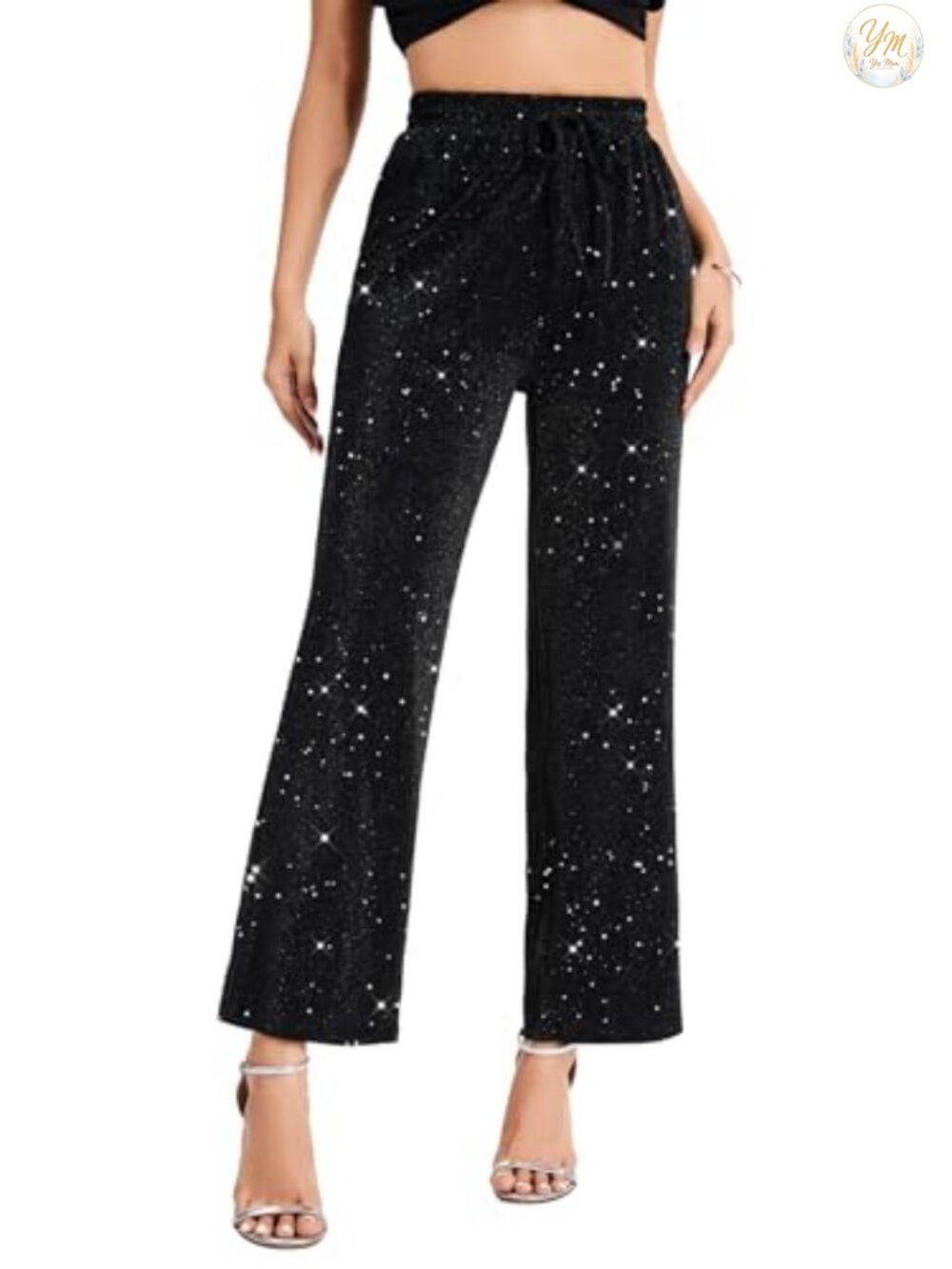 PEIQI High Elastic Waist Wide Leg Palazzo Pants Sparkle Glitter Party